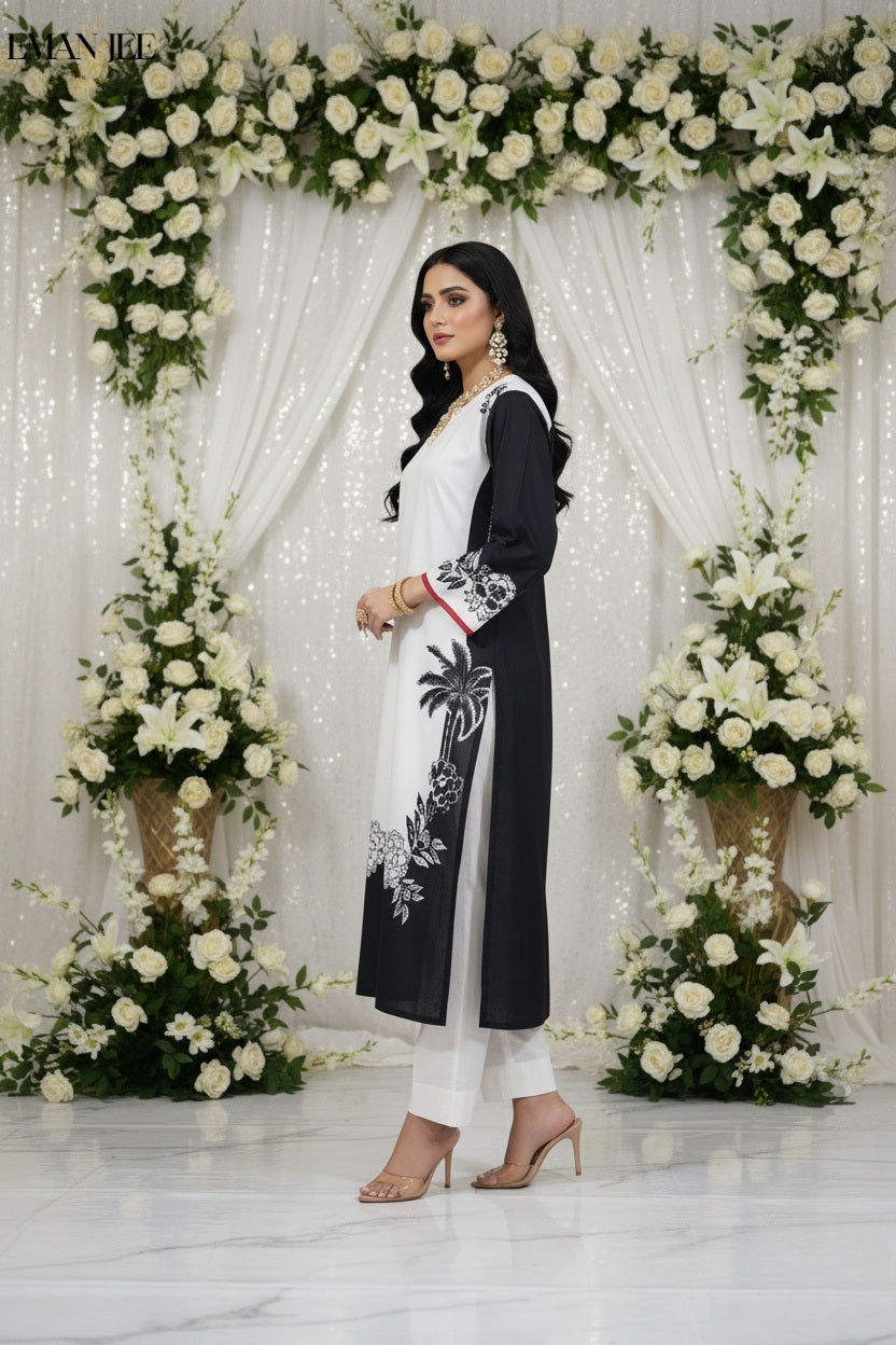 Black Palm Elegance – Swiss Lawn 2 Piece – Long Shirt