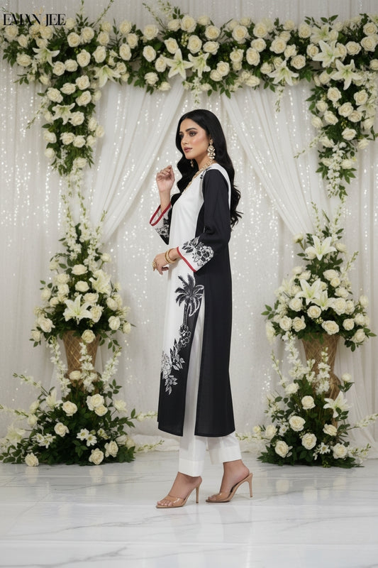 Black Palm Elegance – Swiss Lawn 2 Piece – Long Shirt