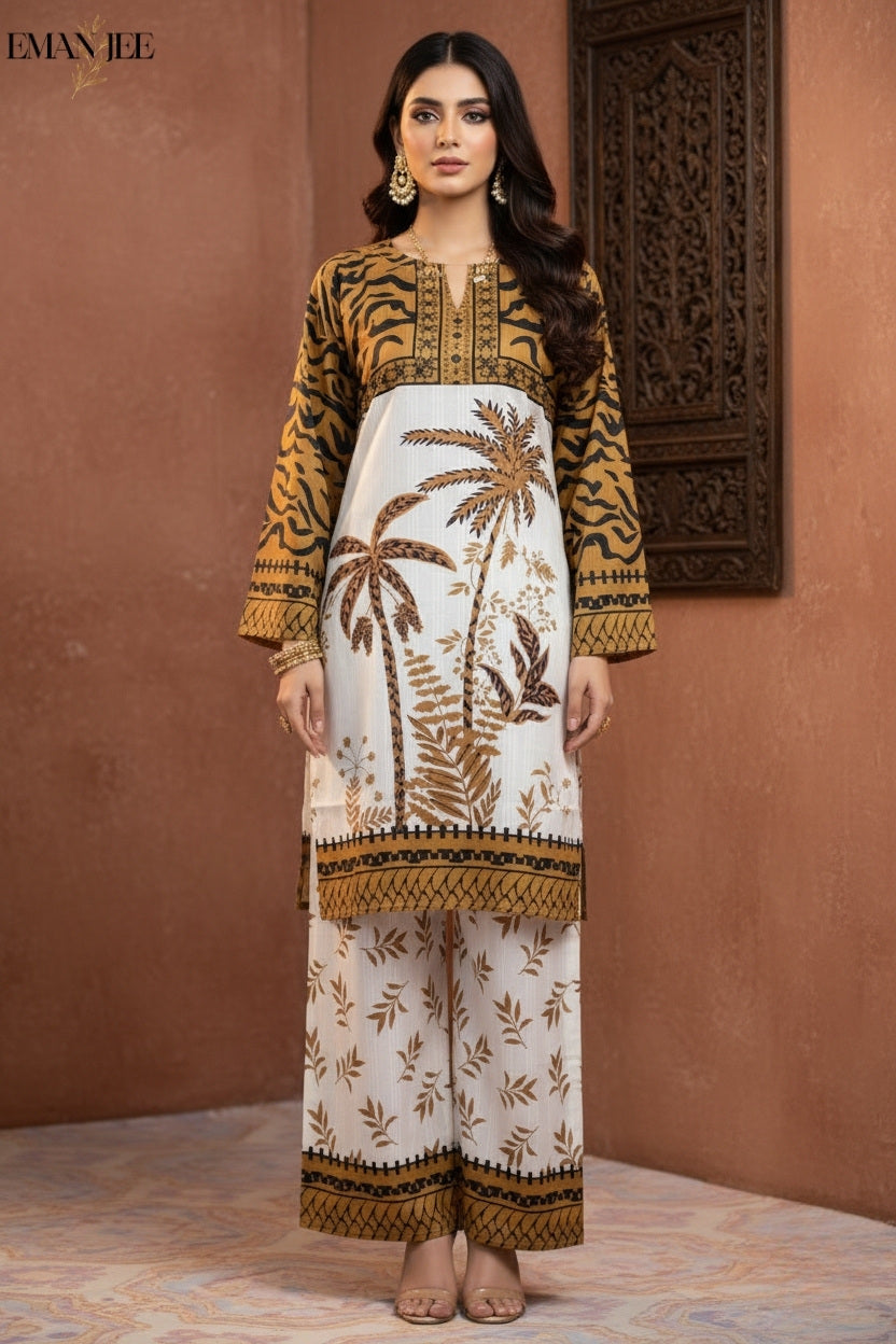 Golden Palm Elegance – Swiss Lawn 2 Piece