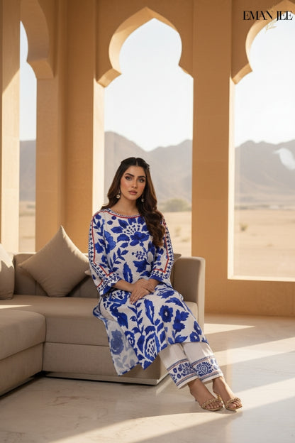 Blue Floral Charm – Swiss Lawn 2 Piece – Long Shirt