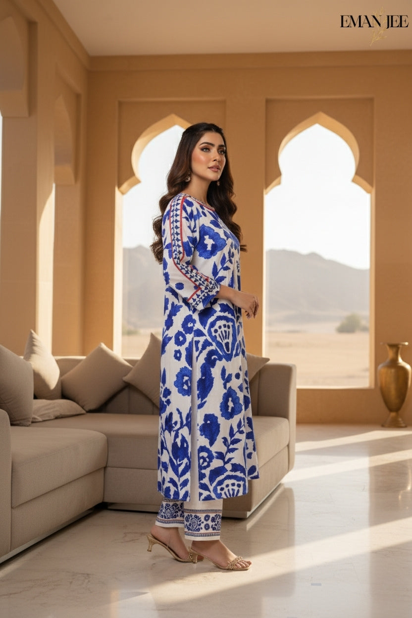 Blue Floral Charm – Swiss Lawn 2 Piece – Long Shirt