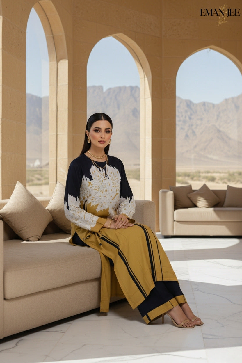 Mustard Night Elegance – Swiss Lawn 2 Piece – Long Shirt