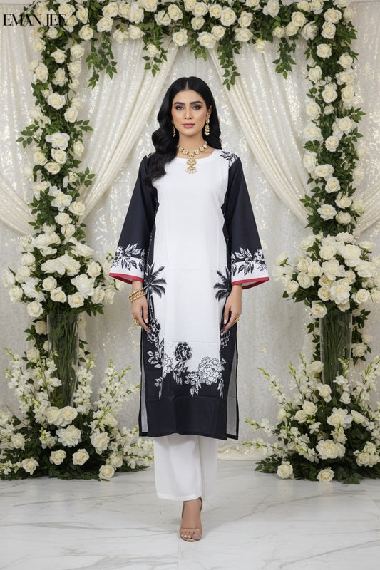 Black Palm Elegance – Swiss Lawn 2 Piece – Long Shirt